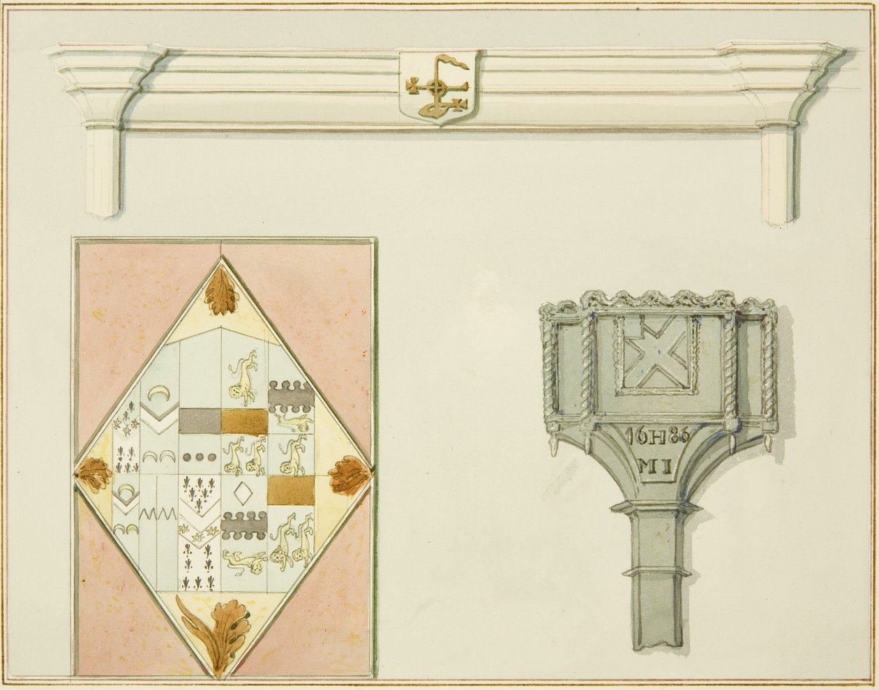 Skorsteinsstykke, farget glass og snøboks på 35 High Street (akvarell på papir) av Thomas Leeson the Elder Rowbotham