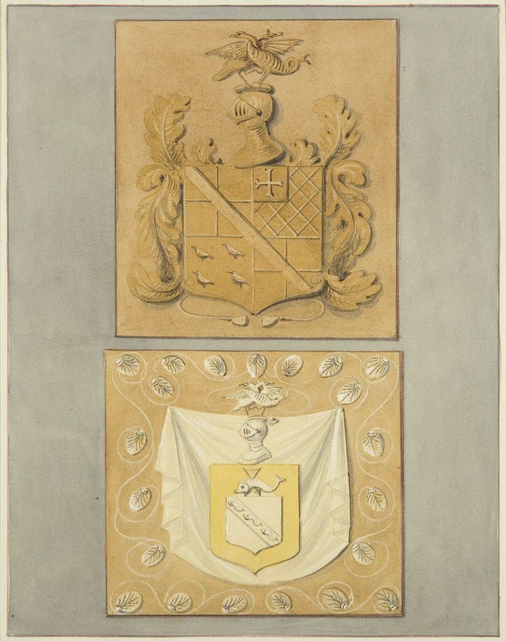 Våpenskjold på døråpningen i Langton Mansion, på baksiden (akvarell på papir) av Thomas Leeson the Elder Rowbotham