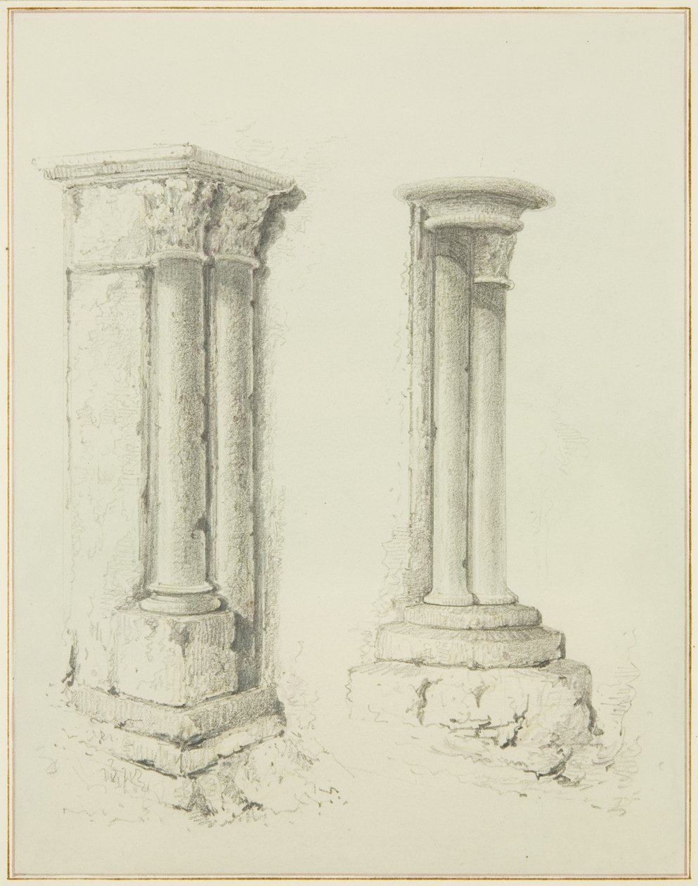 Kolonner i Mereweathers lokaler mellom Nicholas Street og Corn Street (blyant og akvarell på papir) av Thomas Leeson the Elder Rowbotham