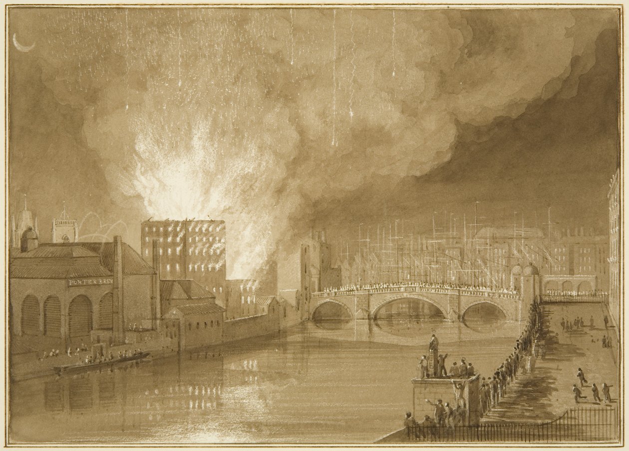Brann i Old Sugar House, Tucker Street av Thomas Leeson the Elder Rowbotham