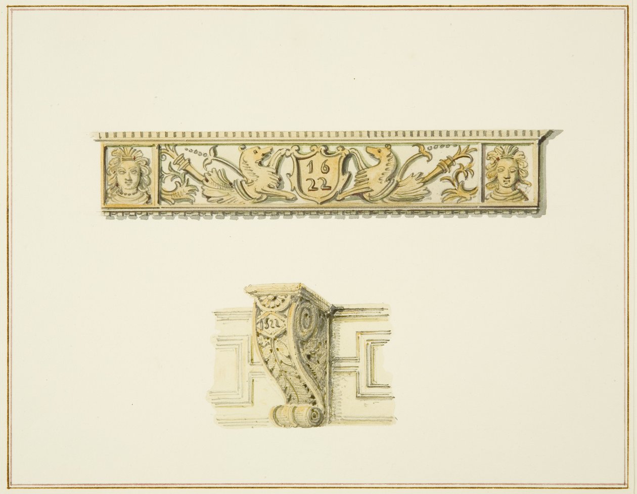 Frise i 15 Broad Street og brakett på huset ved siden av Guildhall (akvarell på papir) av Thomas Leeson the Elder Rowbotham