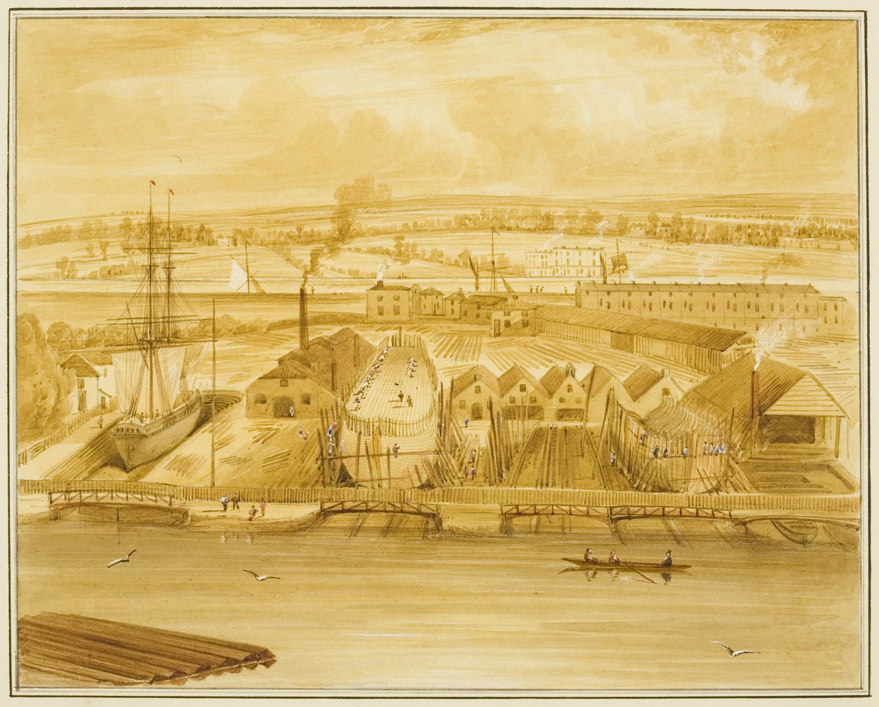 Hilhouses nye Dock sett fra Mardyke av Thomas Leeson the Elder Rowbotham