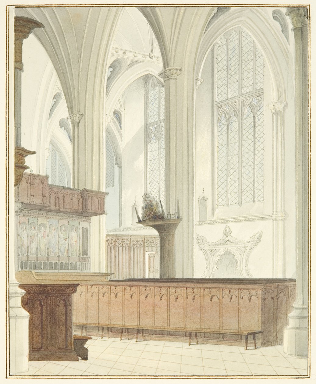 Interiør i Bristol Cathedral, nær Orgel (akvarell på papir) av Thomas Leeson the Elder Rowbotham