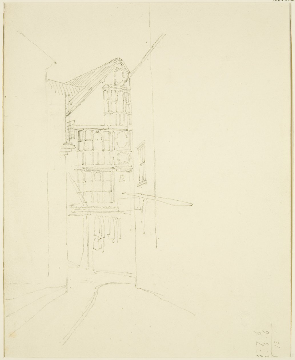 Ser inn i Pithay fra Wine Street (blyant på papir) av Thomas Leeson the Elder Rowbotham