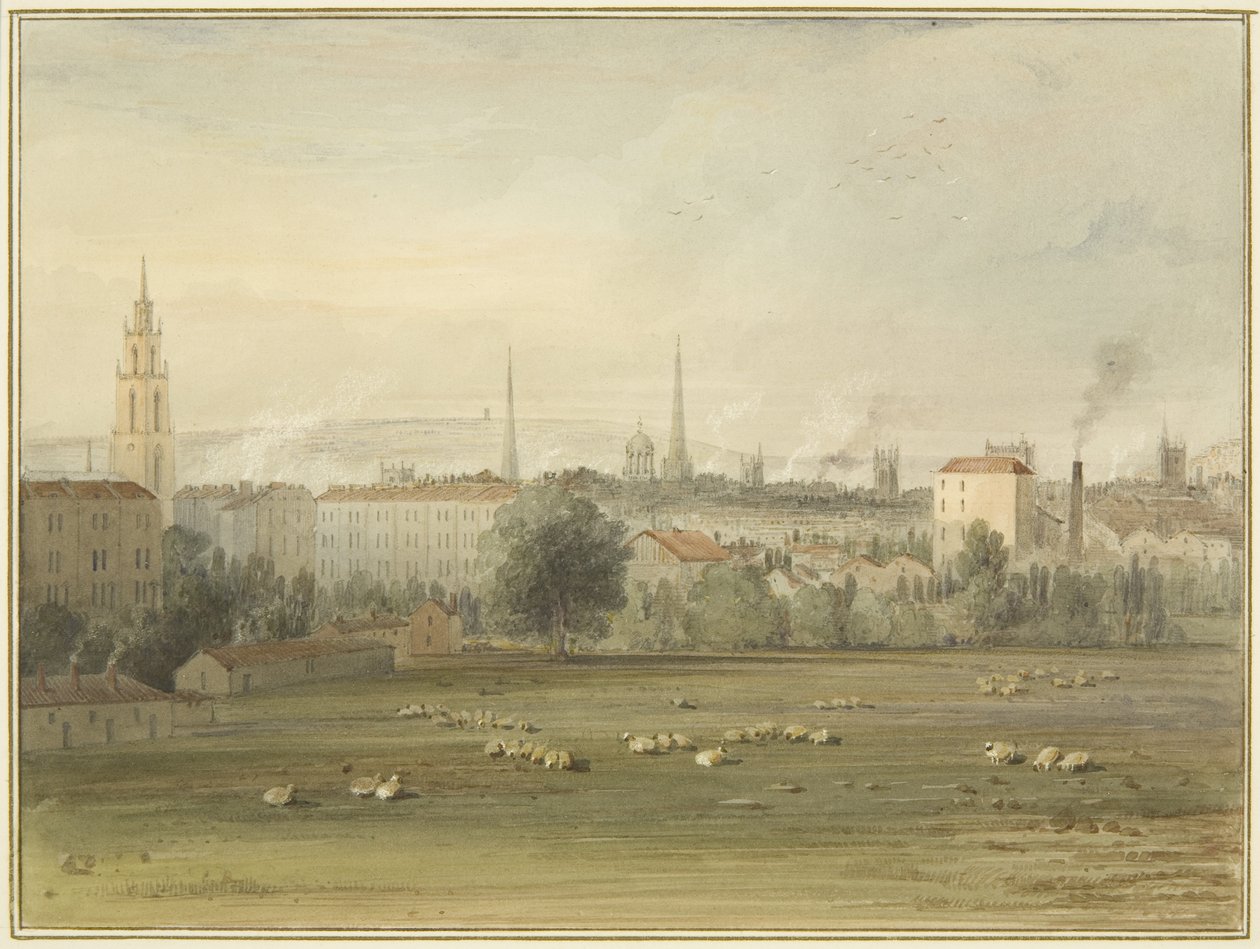 Nær Stokes Croft med utsikt over Bristols skyline (stedet for Sadler og Clayfields ballongoppstigning i 1810) av Thomas Leeson the Elder Rowbotham