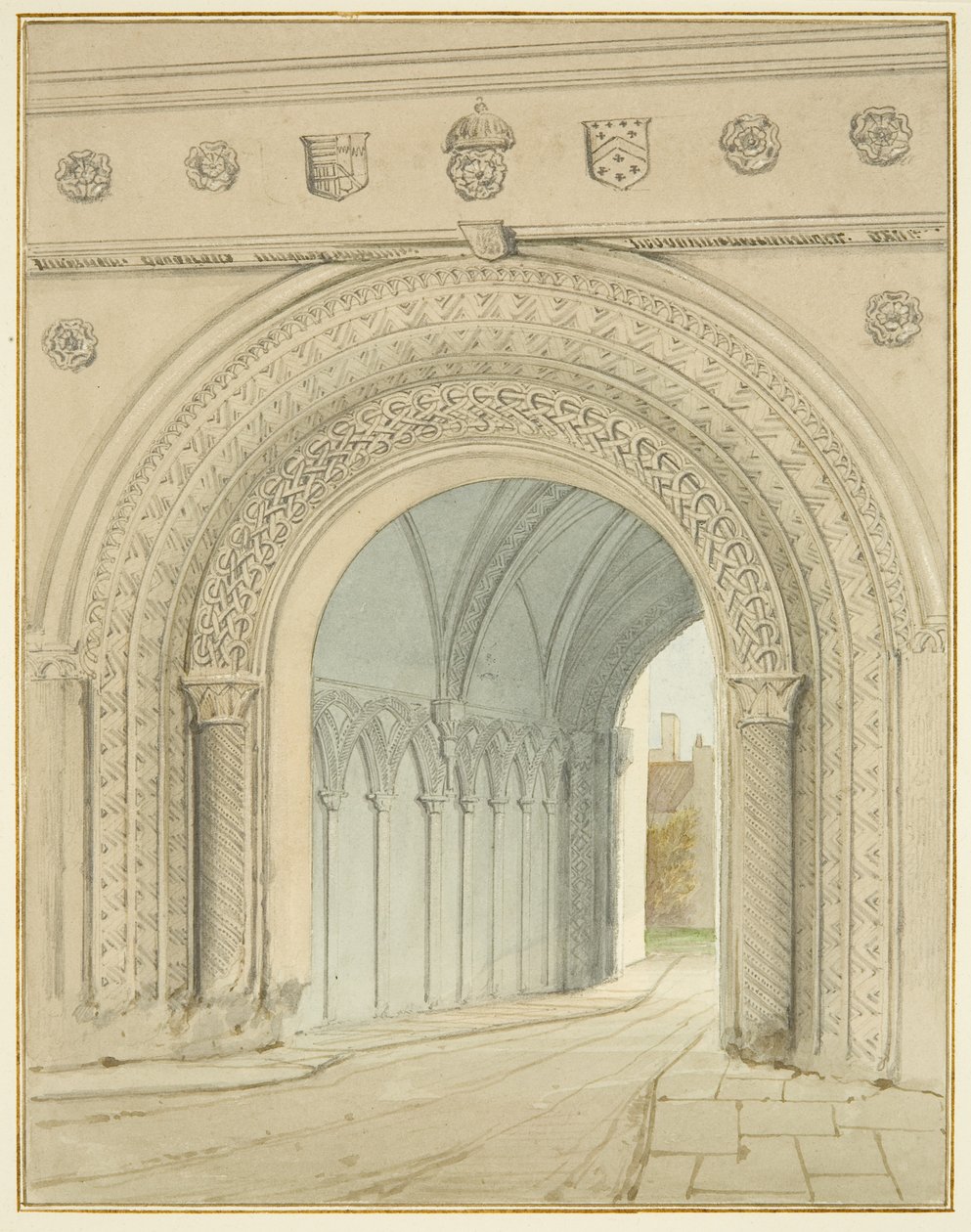 Nordutsikt over College Gateway-buen (blyant og akvarell på papir) av Thomas Leeson the Elder Rowbotham
