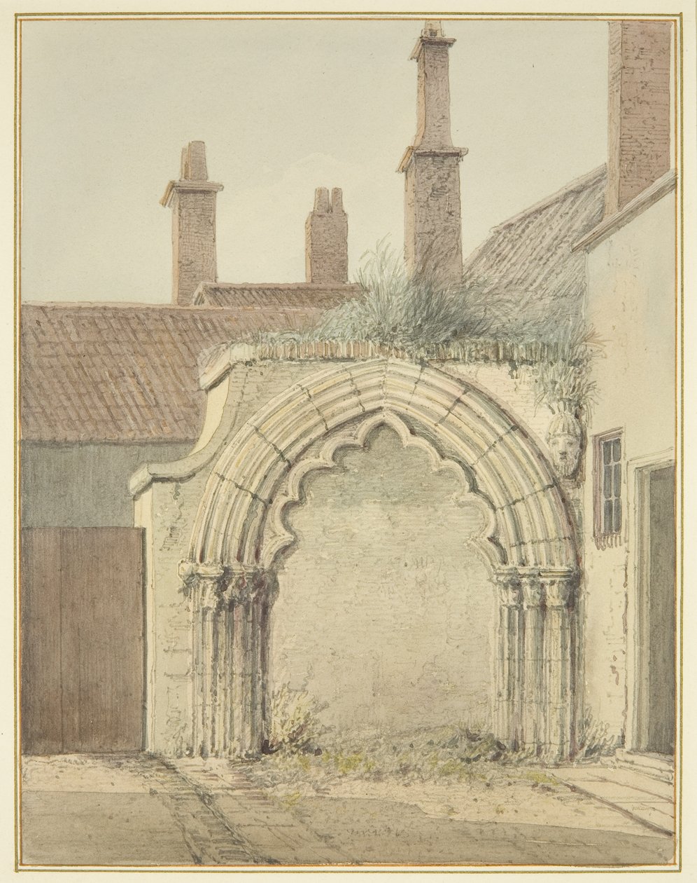 Old Gateway to Prebendal House fra Cloisters of Bristol Cathedral (akvarell på papir) av Thomas Leeson the Elder Rowbotham