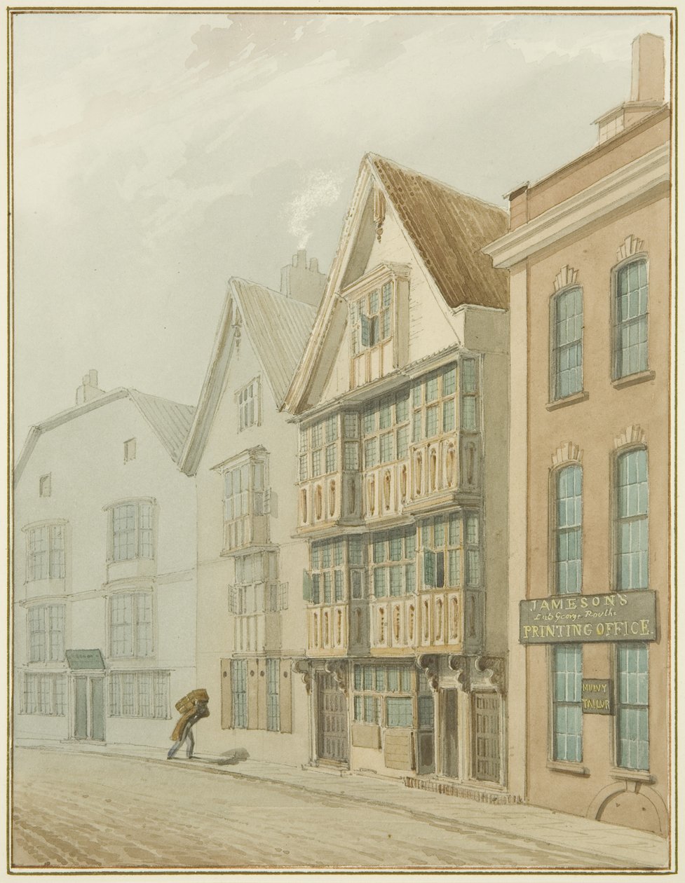 Gamle hus overfor Merchants' Hall (akvarell på papir) av Thomas Leeson the Elder Rowbotham