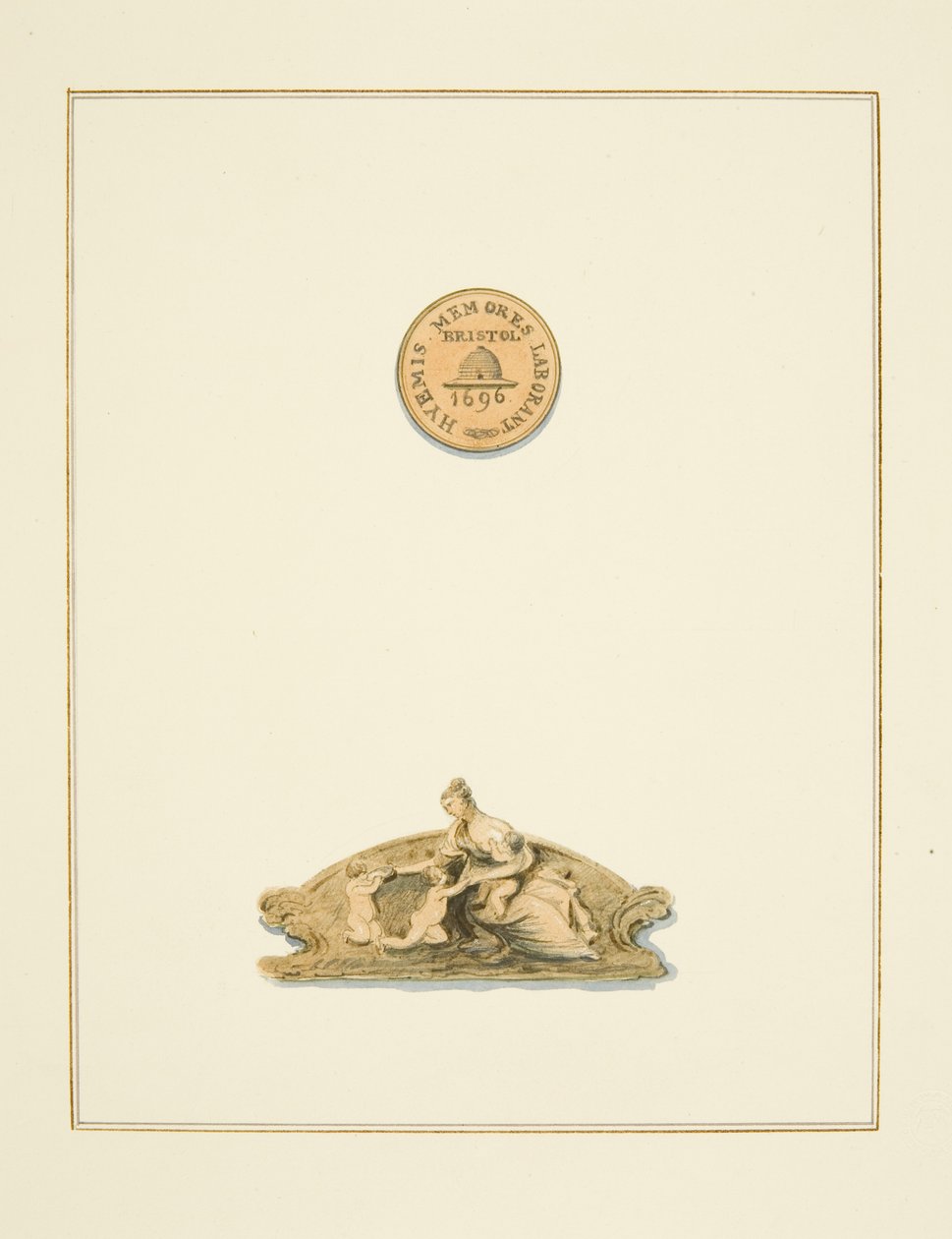 Ornamenter på stoler i rådssalen ved myntverket, og frisen i myntverkets vestibyle, nå St. Peters sykehus (akvarell på papir) av Thomas Leeson the Elder Rowbotham