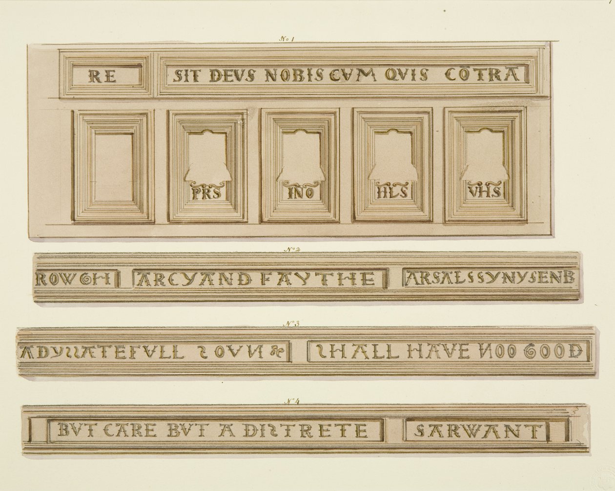 Paneling og inskripsjoner fra 46 Baldwin Street (akvarell på papir) av Thomas Leeson the Elder Rowbotham
