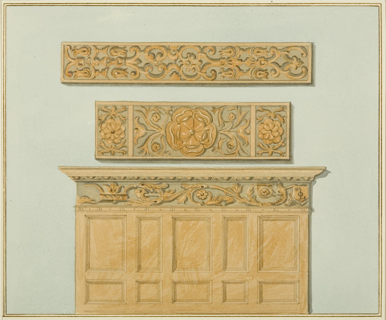 Deler av Paneling and Frieze, i Langton Mansion, på baksiden (akvarell på papir) av Thomas Leeson the Elder Rowbotham