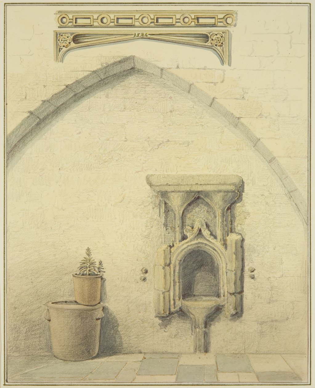 Piscina, Frieze og Spandrels i Courtyard of 131 Temple Street (blyant og akvarell på papir) av Thomas Leeson the Elder Rowbotham