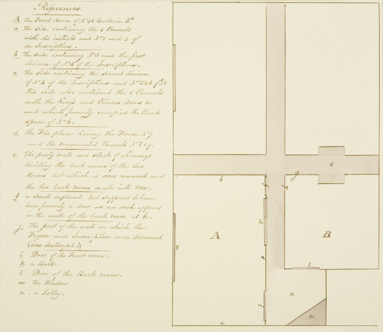 Plan over 46 Baldwin Street (penn og blekk på papir) av Thomas Leeson the Elder Rowbotham