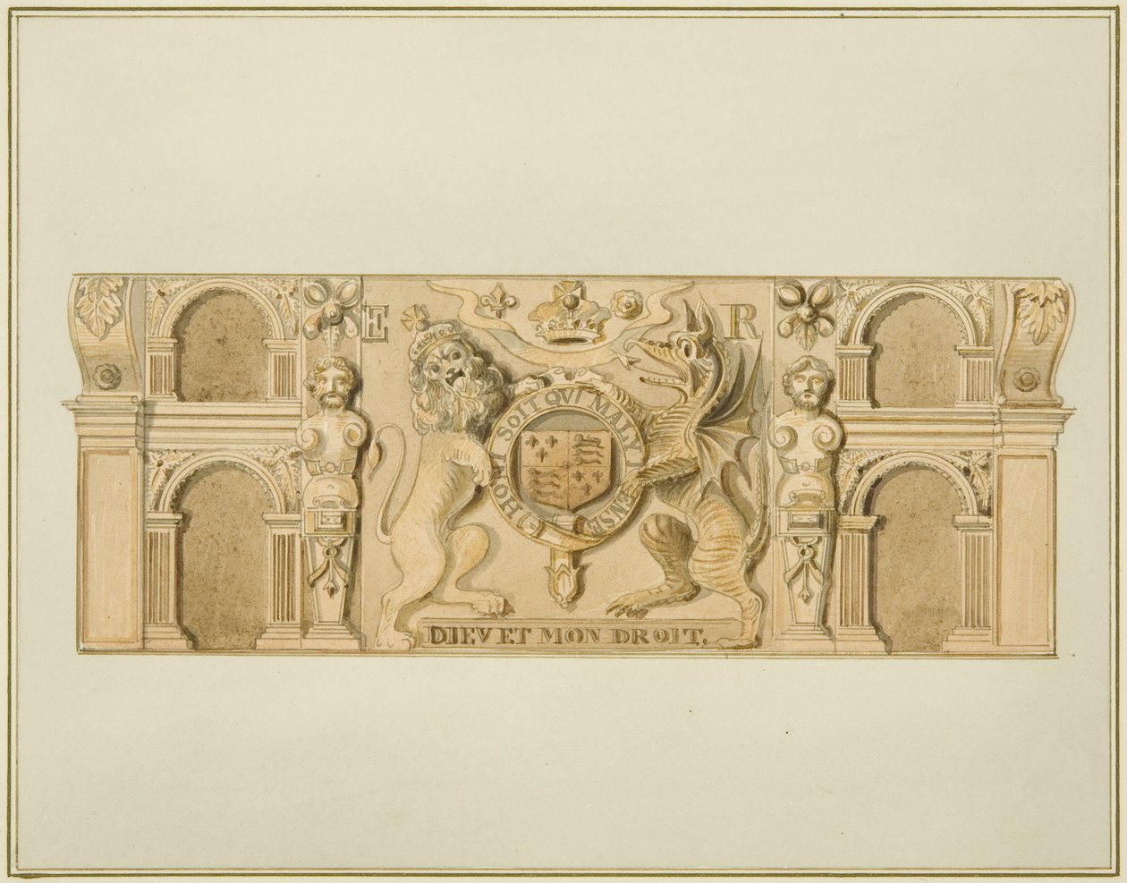 Dronning Elizabeths armer i eik tidligere i et hus i sørvestenden av Clare Street (akvarell på papir) av Thomas Leeson the Elder Rowbotham