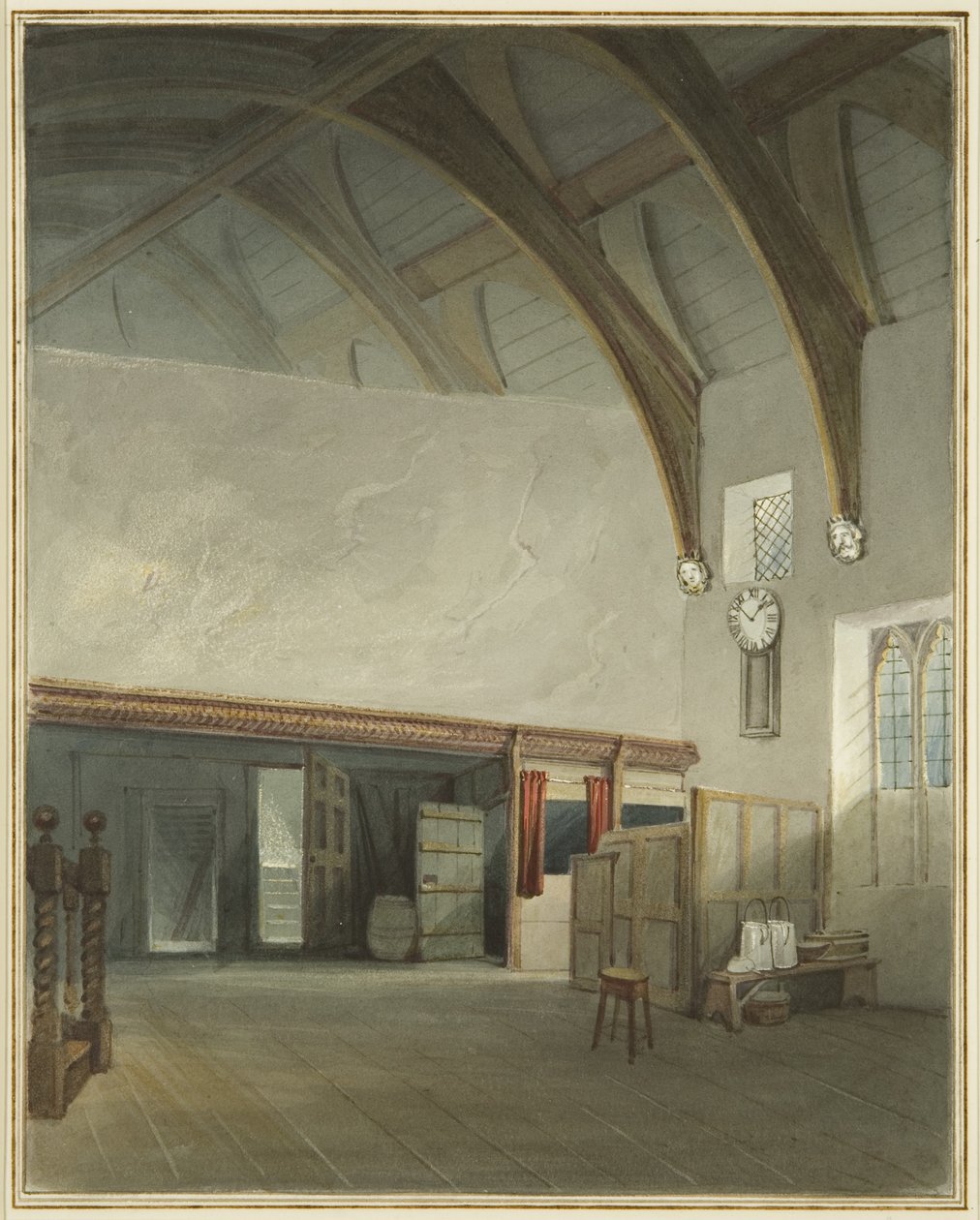 Rom i et hus i Cider House Passage, utenfor Broad Street (akvarell på papir) av Thomas Leeson the Elder Rowbotham