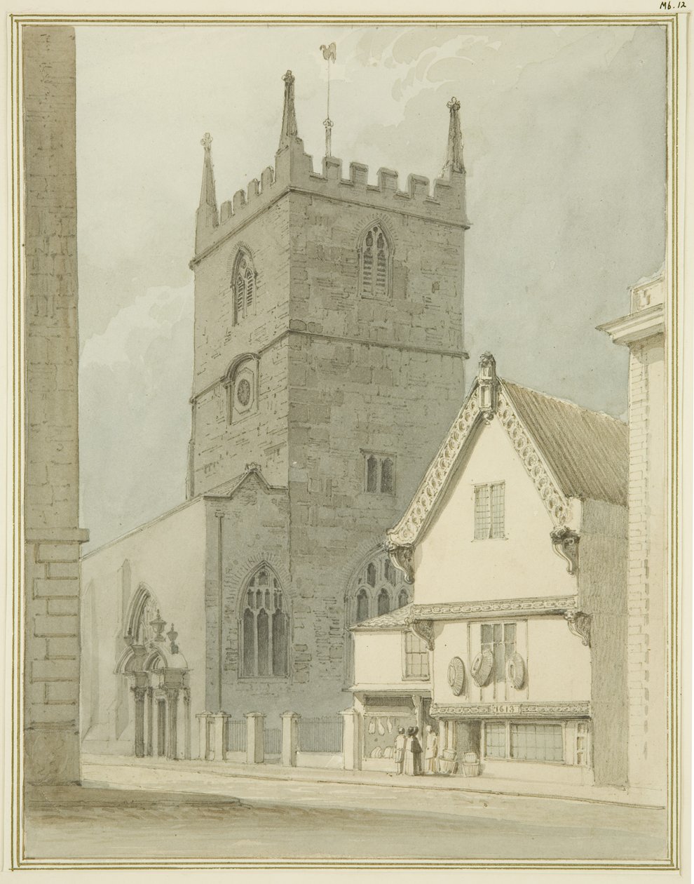 Peterskirken og prestegården i Petersgaten (blyant og akvarell på papir) av Thomas Leeson the Elder Rowbotham