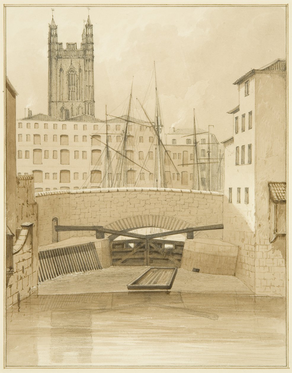 Stone Bridge vist Floodgates (blyant og akvarell på papir) av Thomas Leeson the Elder Rowbotham
