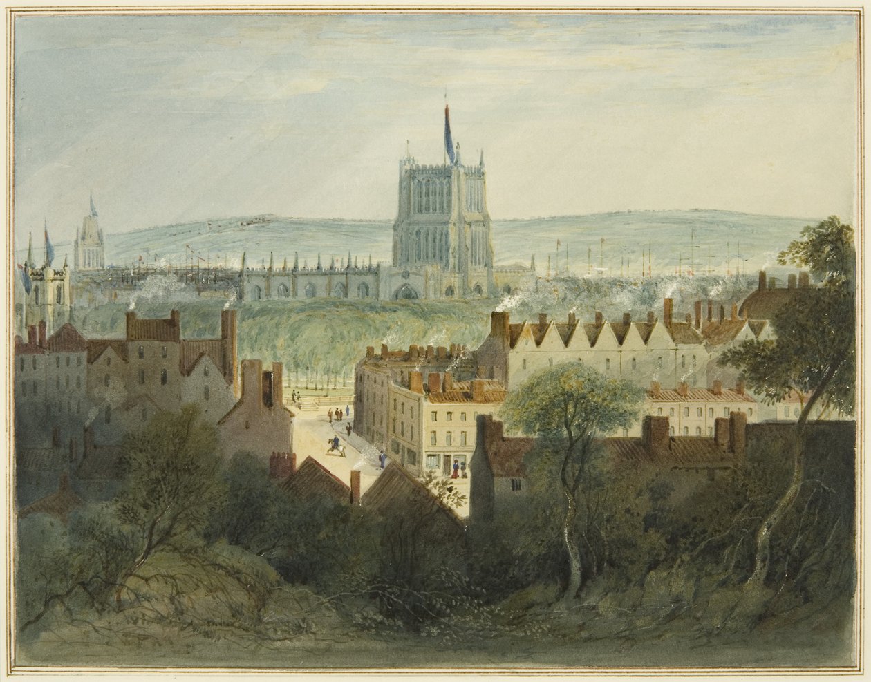 The Cathedral, College Green og College Street (akvarell på papir) av Thomas Leeson the Elder Rowbotham