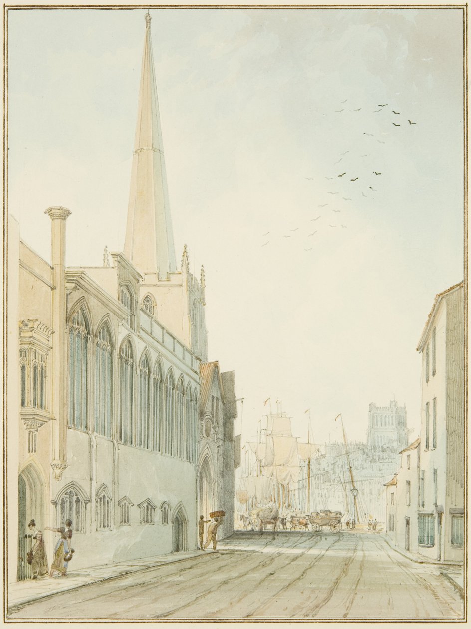 Church of St John-on-the-Wall, med utsikt mot kaien (akvarell på papir) av Thomas Leeson the Elder Rowbotham