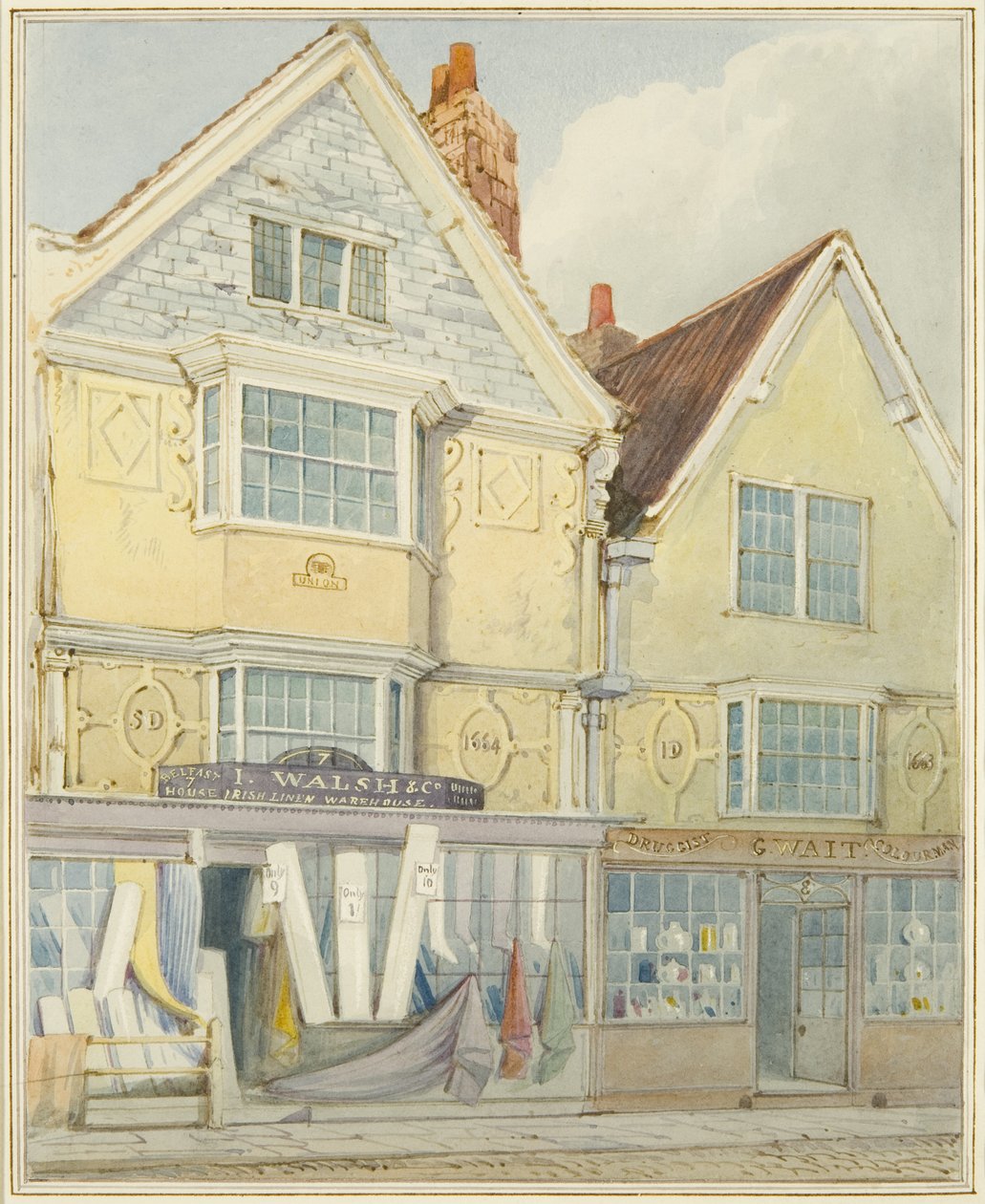 To gamle hus på nordsiden av Castle Street (blyant og akvarell på papir) av Thomas Leeson the Elder Rowbotham