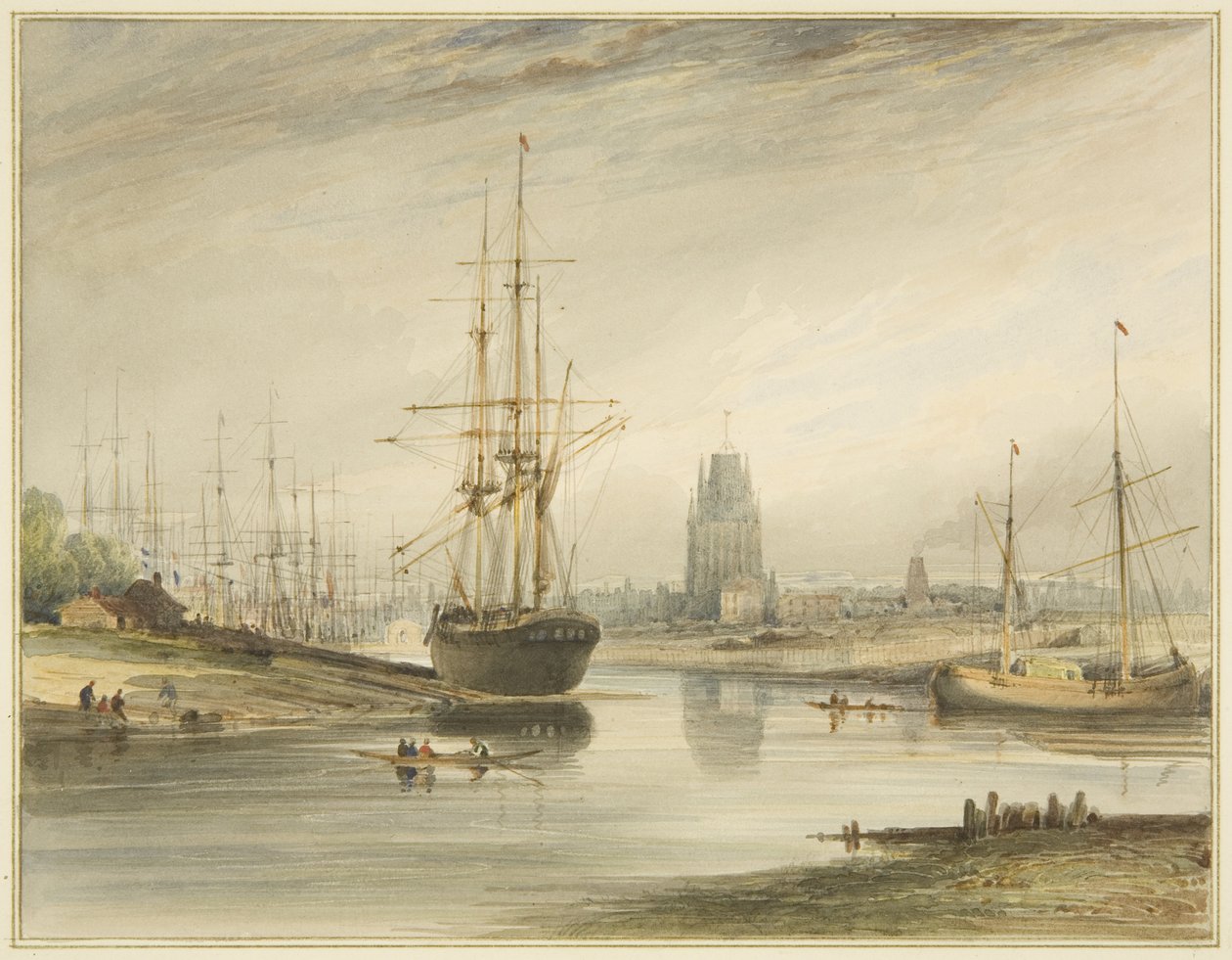 Utsikt som ser oppover elven, tatt fra under Rope Walk and Wapping, ca. 1804 av Thomas Leeson the Elder Rowbotham