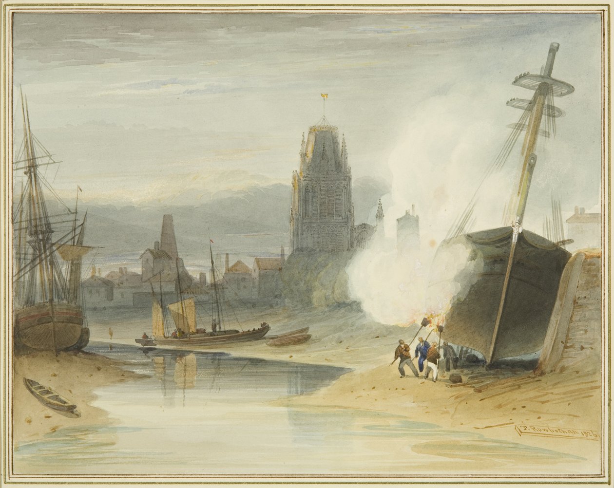 Utsikt over St Mary Redcliffe fra Gibb-slippen før dannelsen av Floating Harbour, som også viser breaming av bunnen av et skip av Thomas Leeson the Elder Rowbotham