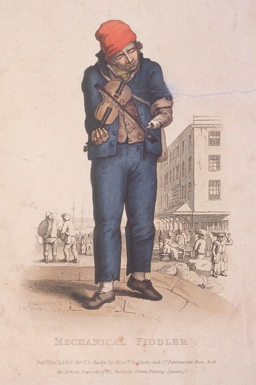 Spelemann med en armprotese, med et marked i bakgrunnen, 1820 av Thomas Lord Busby