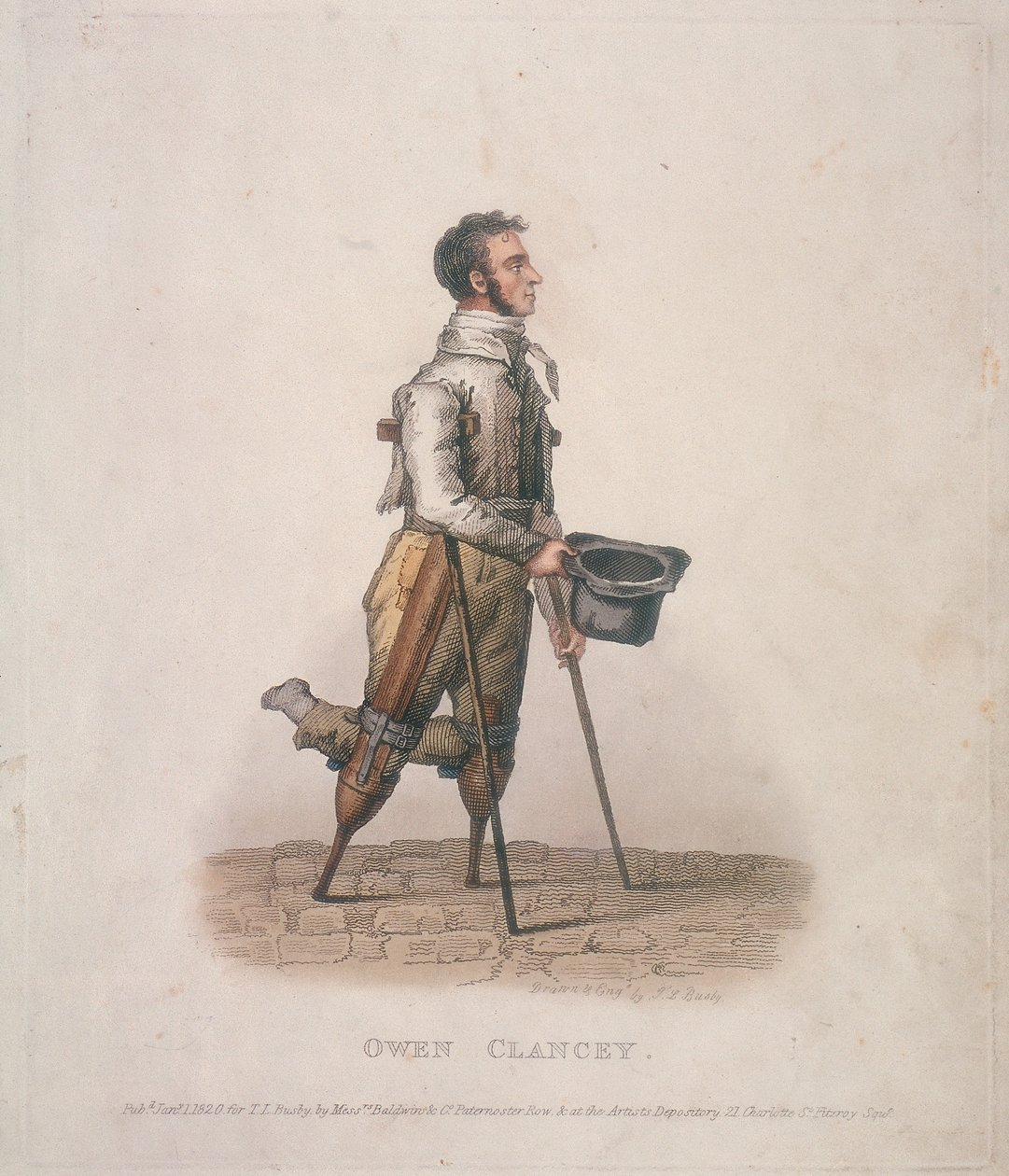 Owen Clancy, tigger med hatten i hånden, på krykker og med enheter festet til bena, 1820 av Thomas Lord Busby