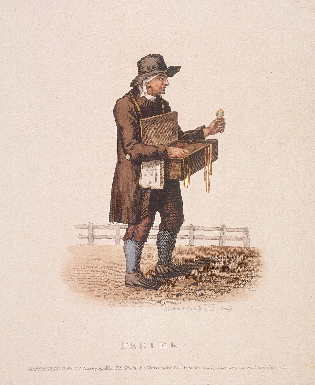 Pedlar med boksen med varer hang rundt halsen, 1820 av Thomas Lord Busby