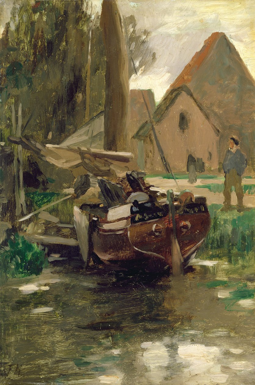 Liten havn med en båt (olje på papir lagt om bord) av Thomas Ludwig Herbst