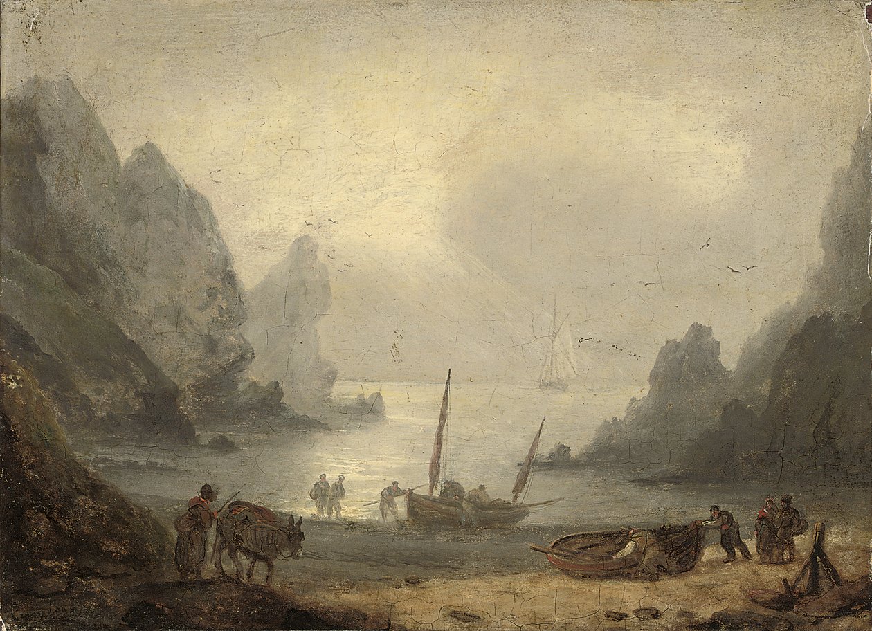 Et innløp i Devonshire med fiskere som losser fangsten sin på forstranden, ca. 1804 av Thomas Luny