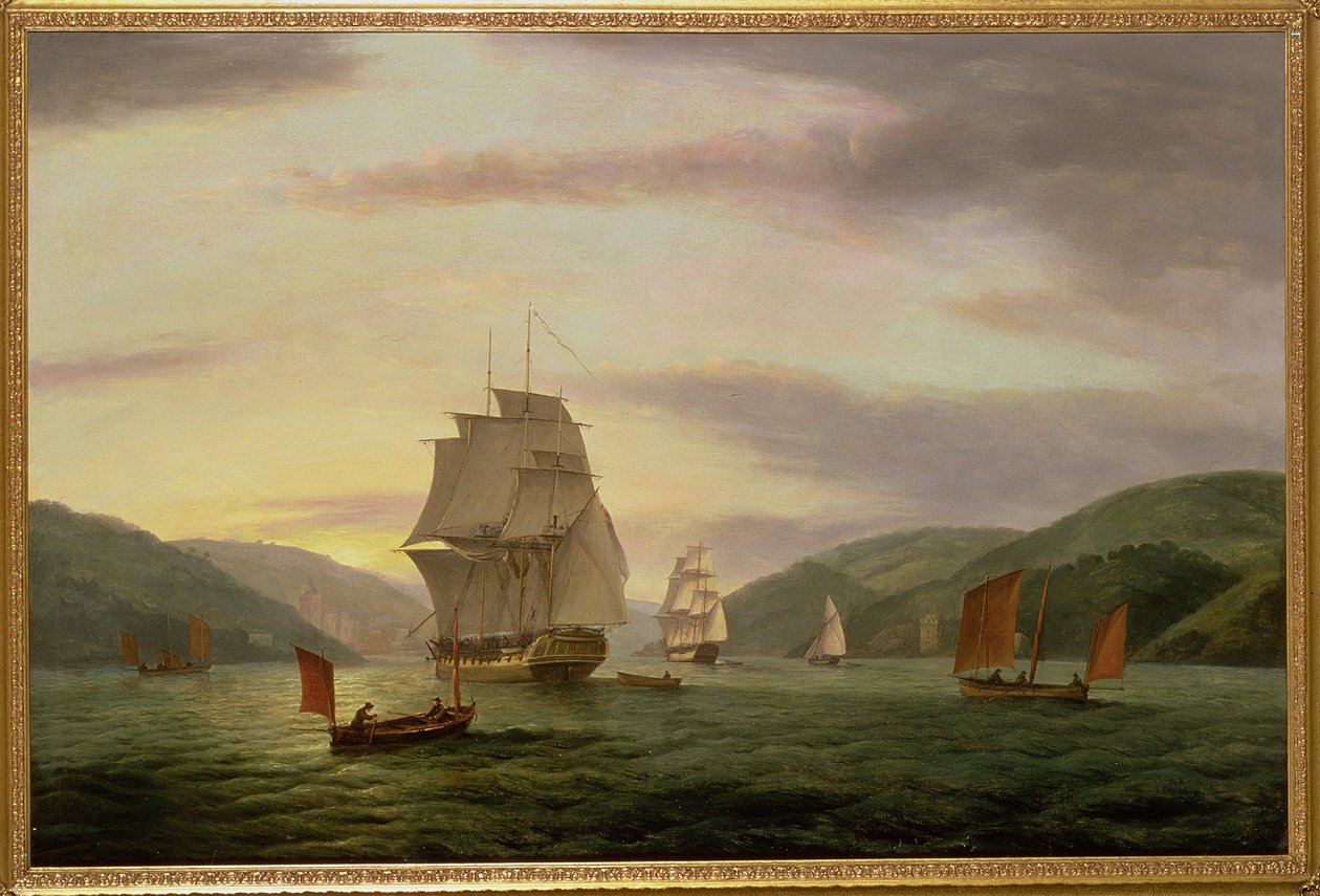 En fregatt, en lugger og et handelsskip i Dartmouth Harbour, 1808 av Thomas Luny