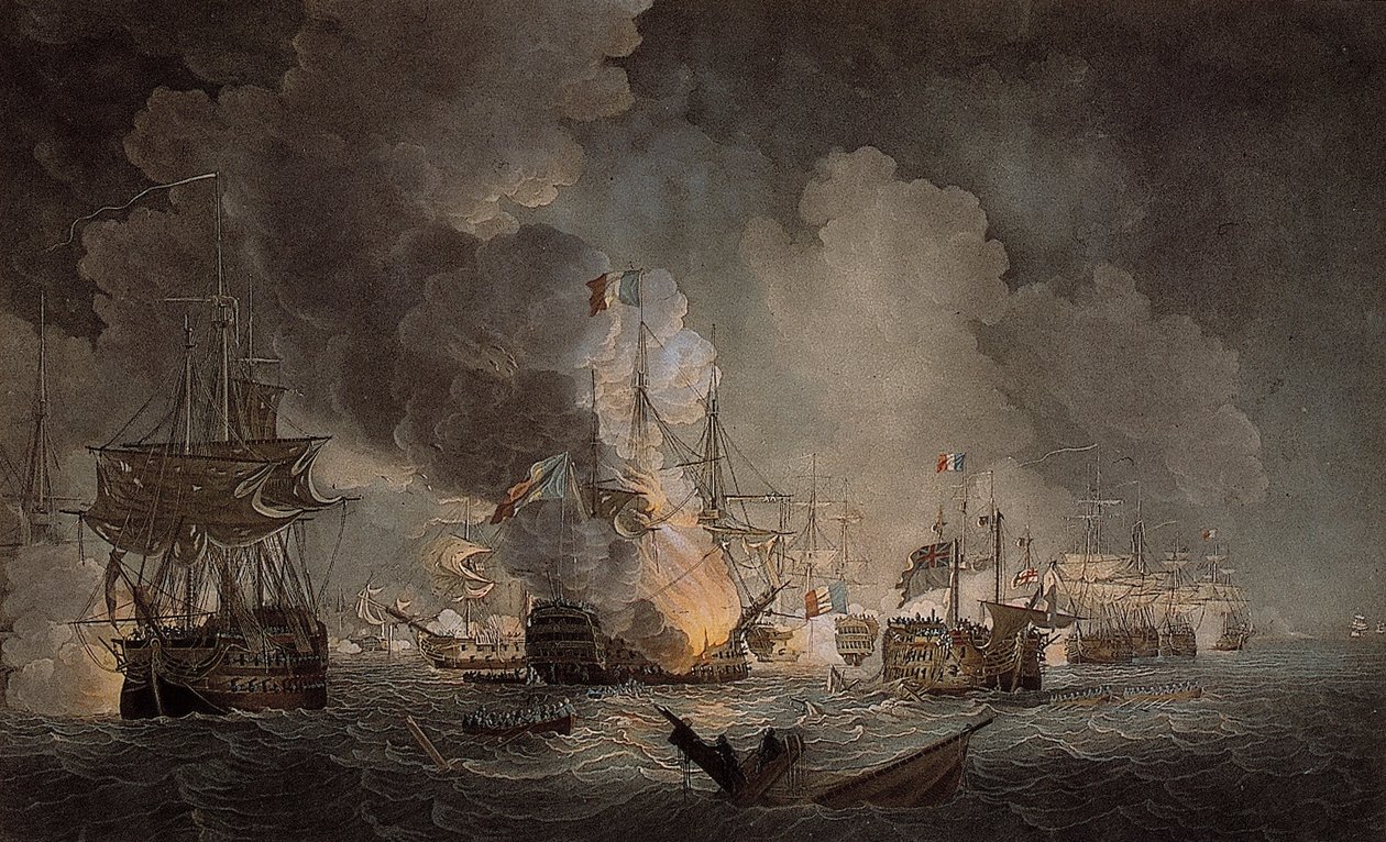 Battle of the Nile (farget akvatint) av Thomas Luny