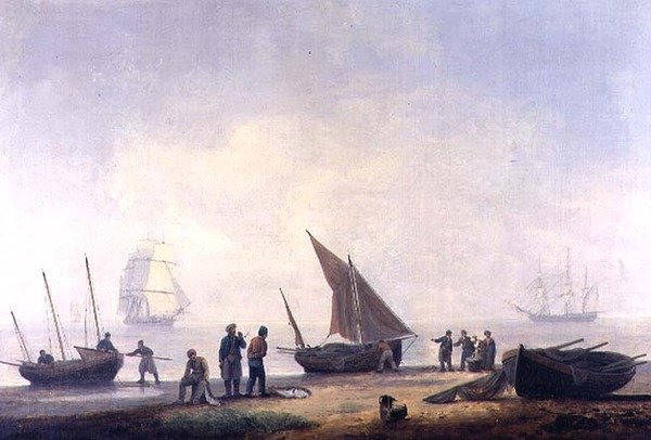 Fiskere på en strand, med fartøyer til havs av Thomas Luny