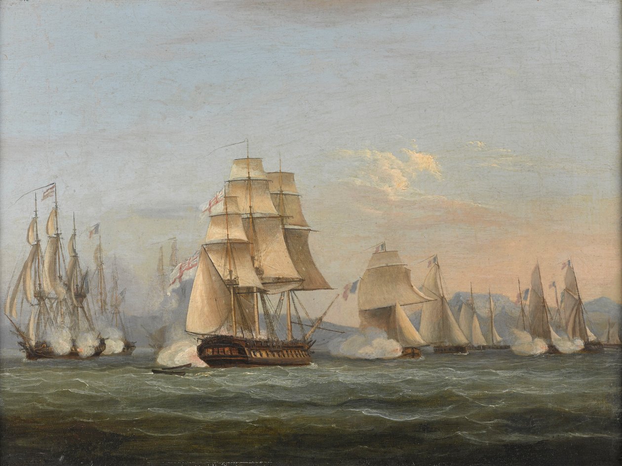 HMS Spartan & French Fregates: Beginning of the Action, 3. mai 1810 (Napolibukten) (olje på lerret) av Thomas Luny