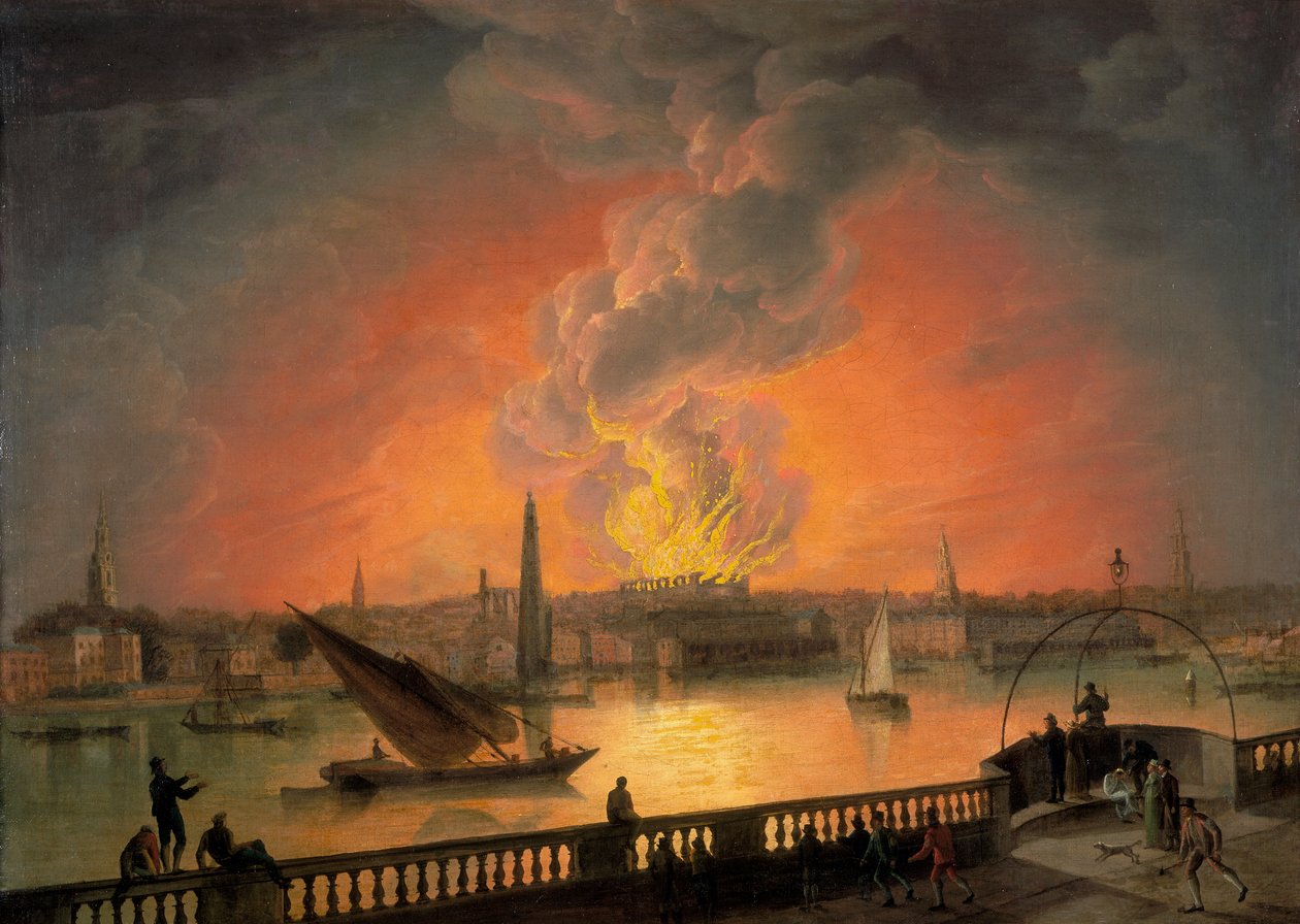 'The Burning of Drury Lane Theatre fra Westminster Bridge', c1809 av Thomas Luny
