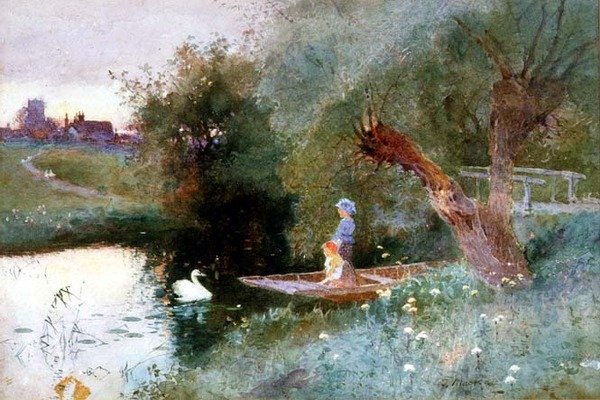 Children in a Punt at Evening (akvarell) av Thomas Mackay