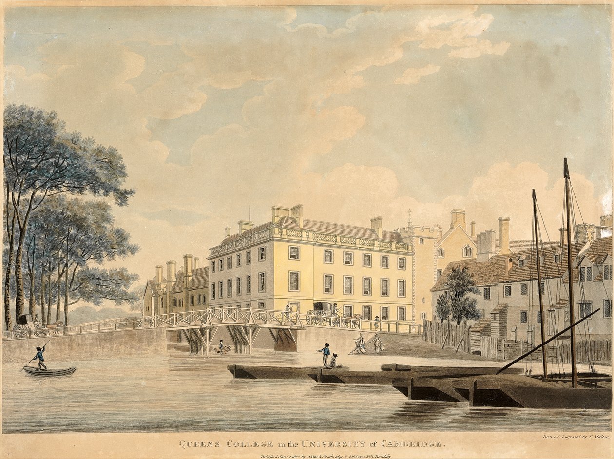 Queens College i University of Cambridge, pub 1800 (håndfarget akvatint) av Thomas Malton