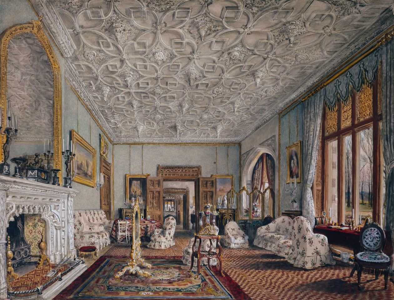 Salong i gotisk stil, ca. 1850 (akvarell) av Thomas Mann Baynes