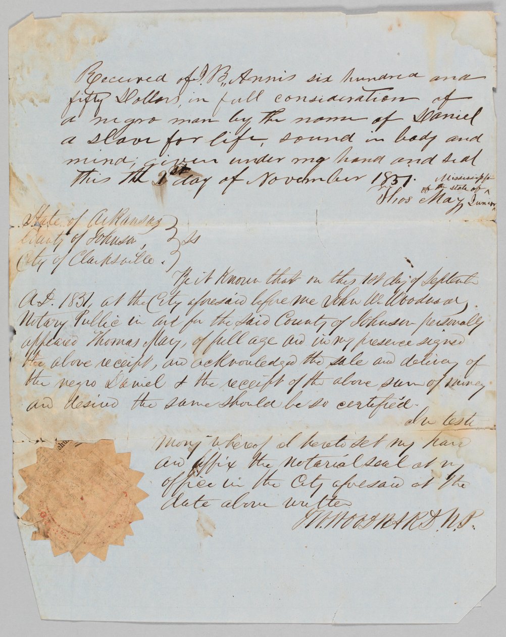 Salgsbrev for en mann ved navn Daniel til Jerome B. Annis, 1. november 1851. av Thomas May