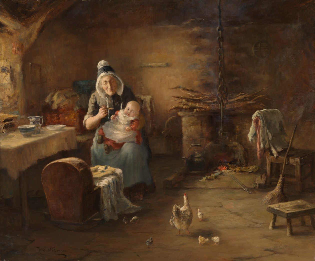 Interiør i en bondehytte (olje på lerret) av Thomas McEwan
