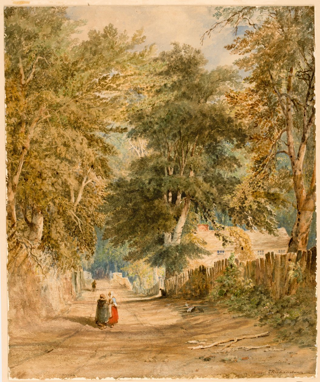 Landskap - Bane med figurer (kroppsfarge og akvarell på papir (om bord)) av Thomas Miles Richardson