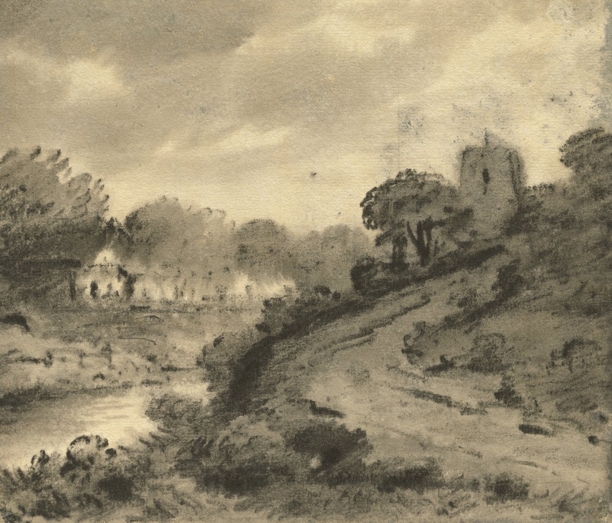 Et skogkledd elvelandskap med en stein i venstre forgrunn, ca.1800 av Thomas Monro
