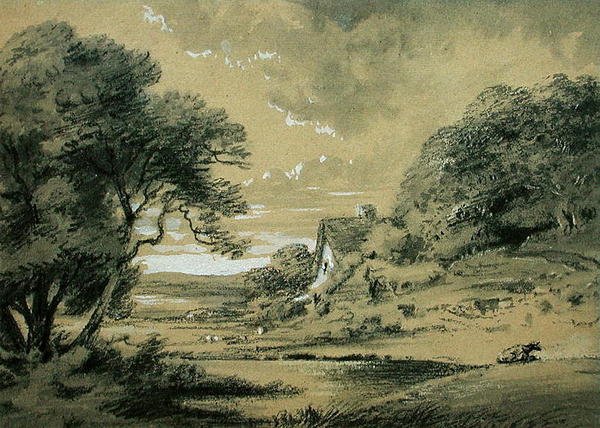 Landskap med hytte ved en elv (kull, vask og kroppsfarge på papir) av Thomas Monro