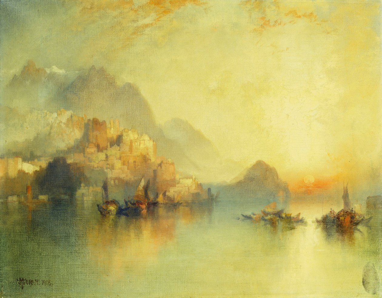 A Hillside Village ved solnedgang, 1918 av Thomas Moran