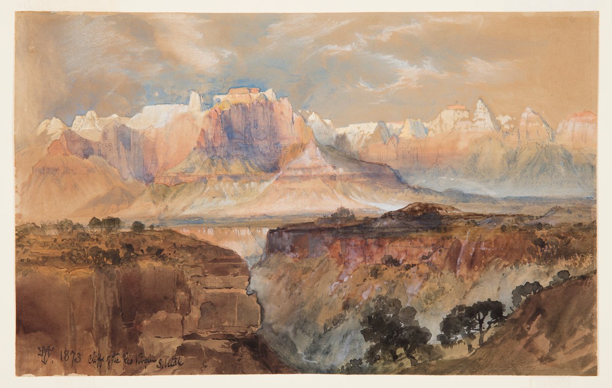 Cliffs of the Rio Virgin, Sør-Utah av Thomas Moran