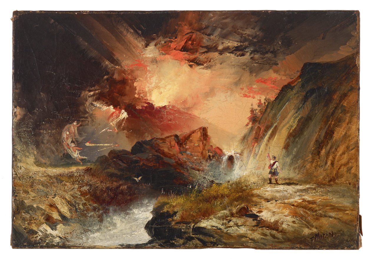 Macbeth og heksene (muligens Høylandsfantasi) av Thomas Moran