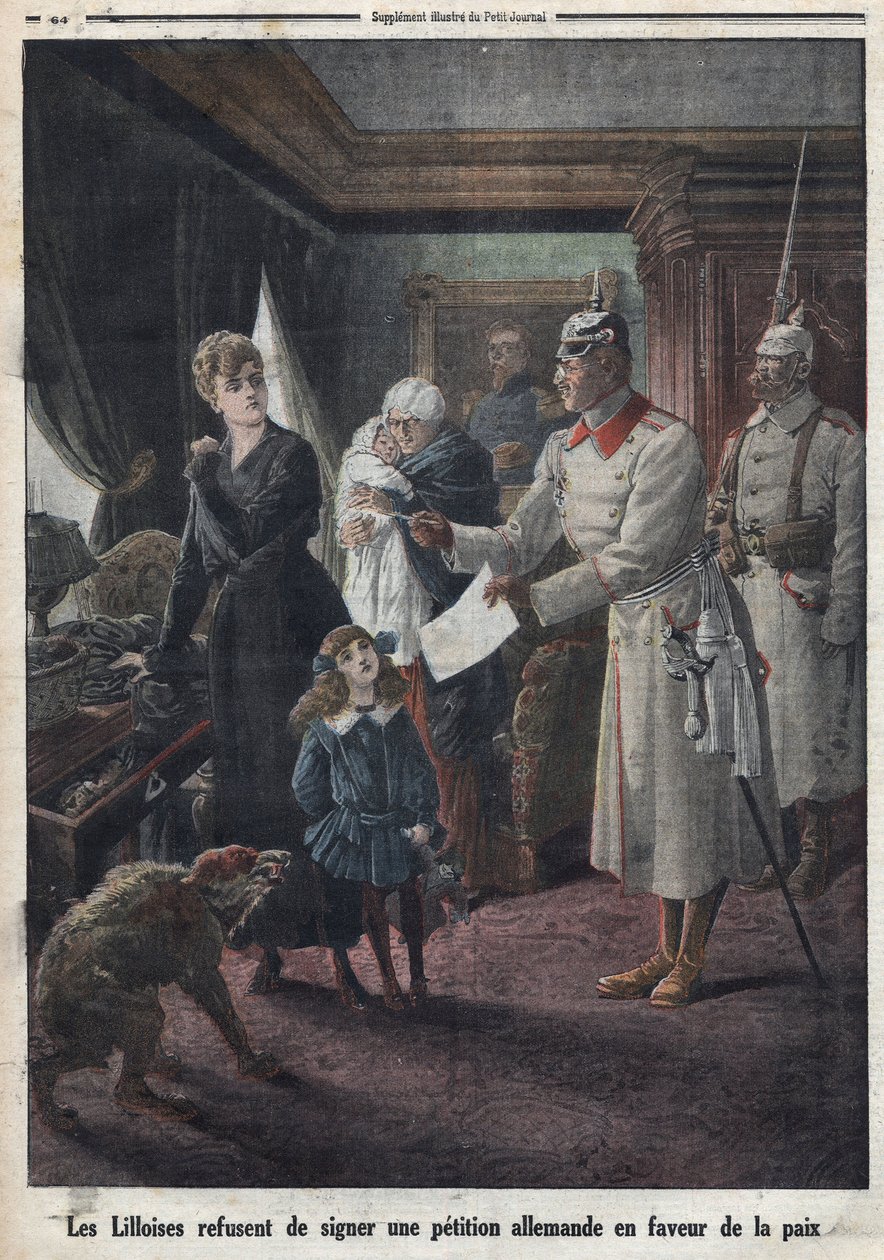Første verdenskrig: Innbyggere i Lille nekter å signere en underskriftskampanje fra tyske soldater for fred av Thomas & Mortimer John Hamilton (1741-79) Jones