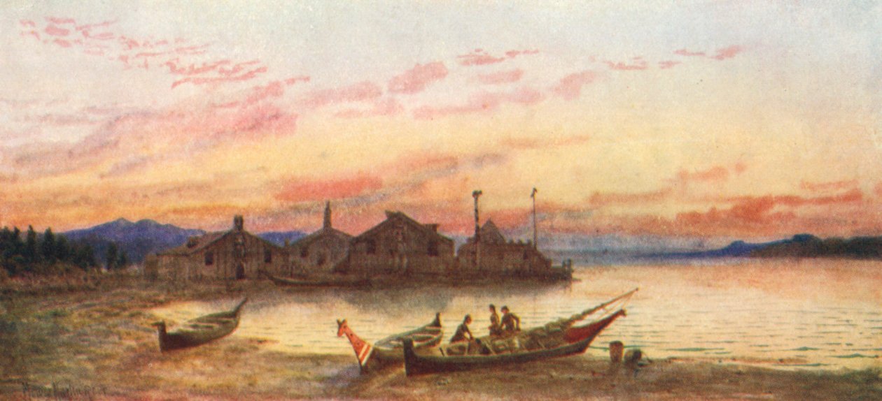 Siwash landsby, Stillehavskysten (fargelitografi) av Thomas Mower Martin