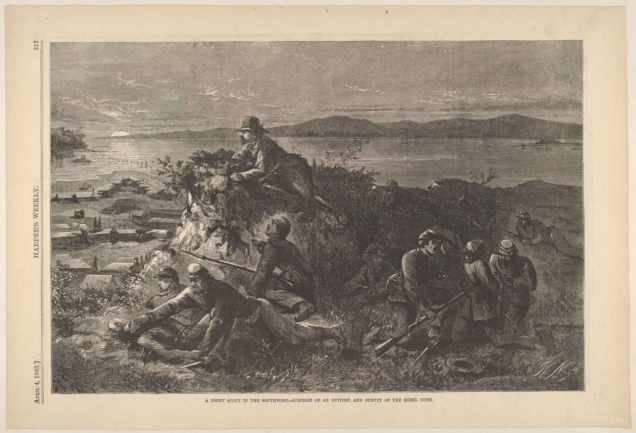 A Night Scout in the Southwest - Surprise of an Outpost, and Survey of the Rebel ..., 4. april 1863. av Thomas Nast